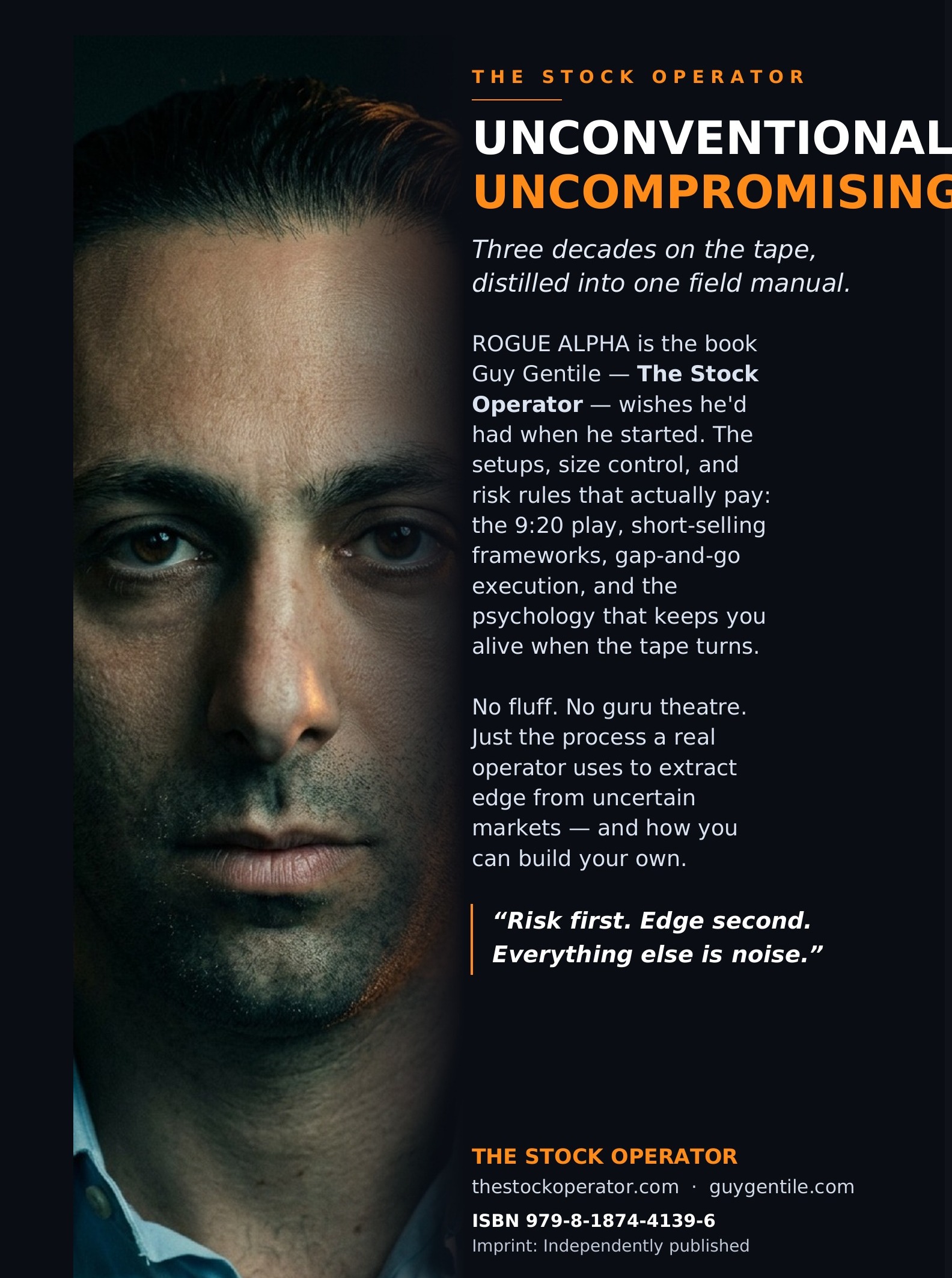 ROGUE ALPHA back cover — editorial layout with author portrait